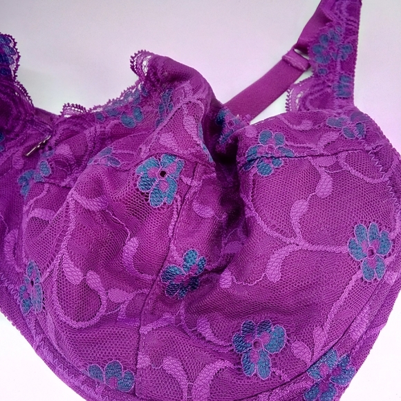 Vintage Frederick's of Hollywood Lace Purple Navy Flowers Bra 42D - Picture 1 of 11